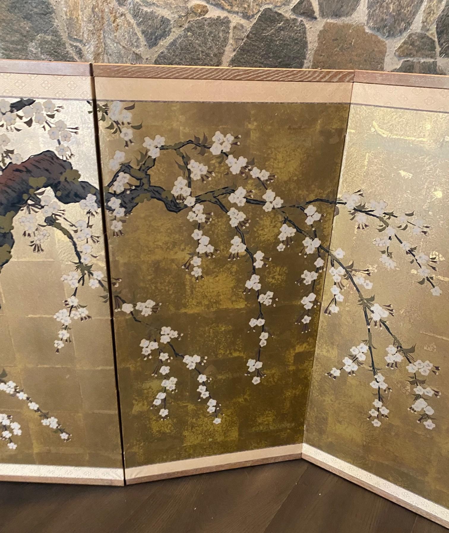 20th Century Japanese Asian Signed Four-Panel Folding Byobu Showa Cherry Blossom Tree Screen