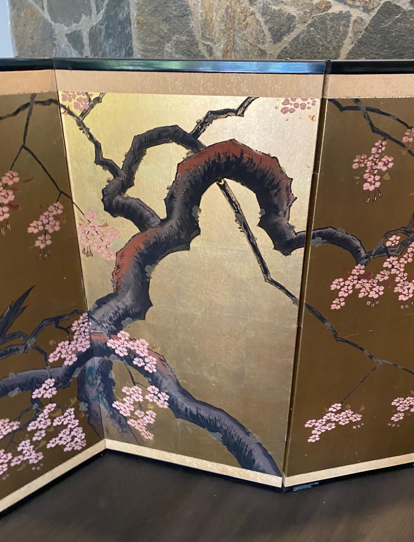 Japanisch Asiatisch Signiert Vier-Panel Folding Byobu Showa Kirschblütenbaum Bildschirm (20. Jahrhundert) im Angebot