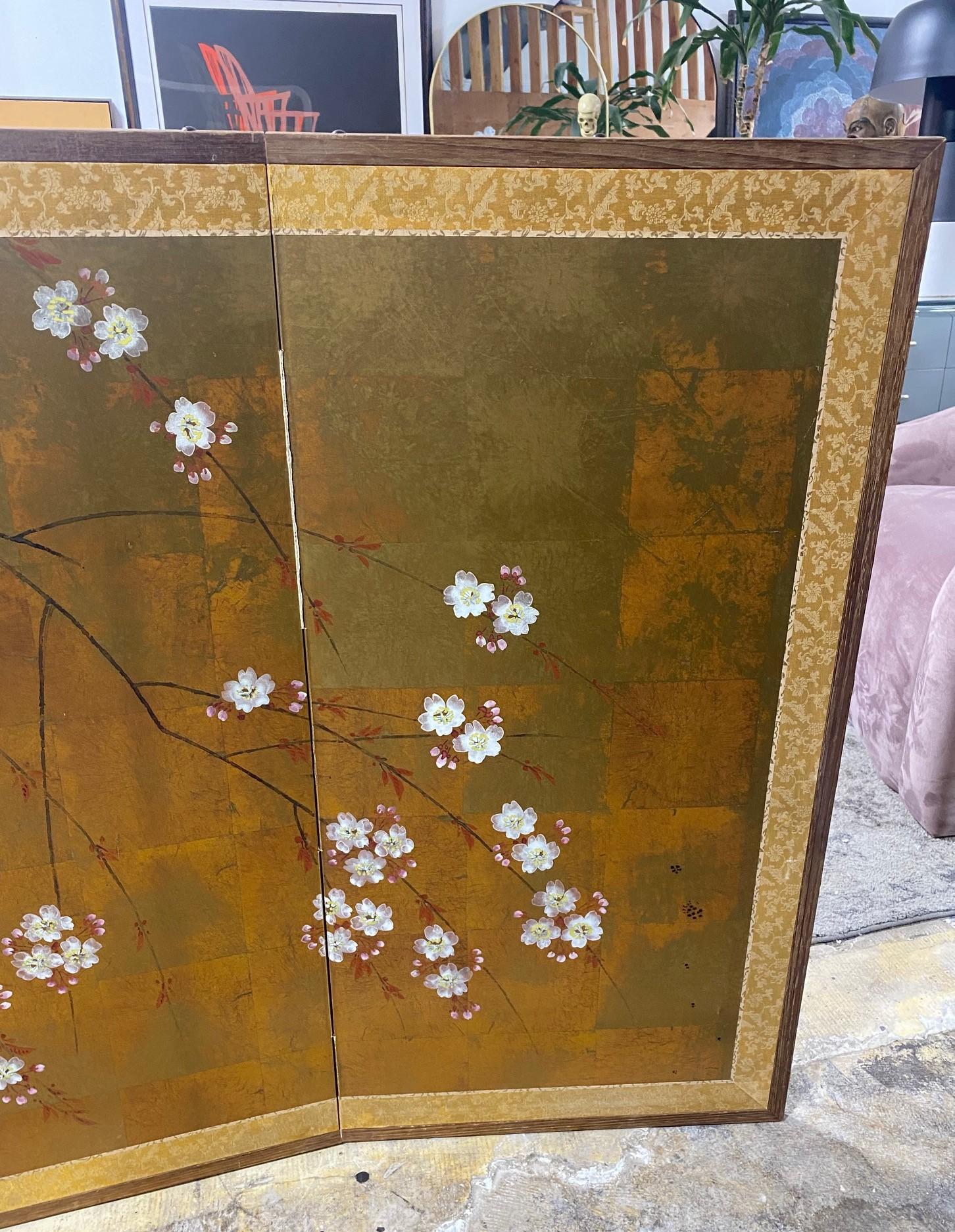 Gold Leaf Japanese Asian Signed Four-Panel Folding Byobu Showa Cherry Blossom Tree Screen