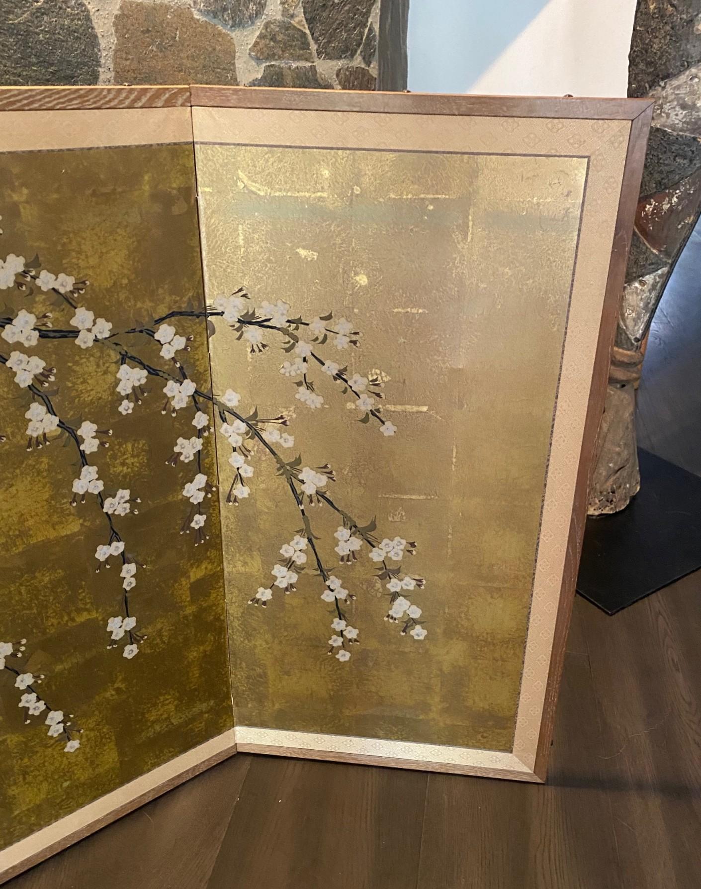 Wood Japanese Asian Signed Four-Panel Folding Byobu Showa Cherry Blossom Tree Screen
