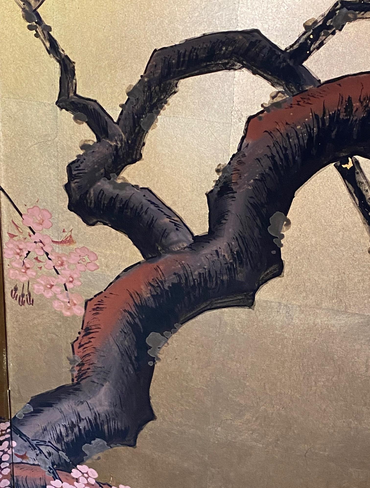 Japanisch Asiatisch Signiert Vier-Panel Folding Byobu Showa Kirschblütenbaum Bildschirm im Angebot 1