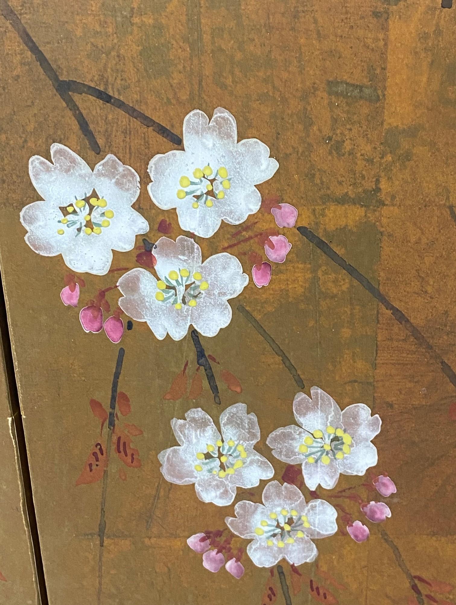 Japanese Asian Signed Four-Panel Folding Byobu Showa Cherry Blossom Tree Screen 2