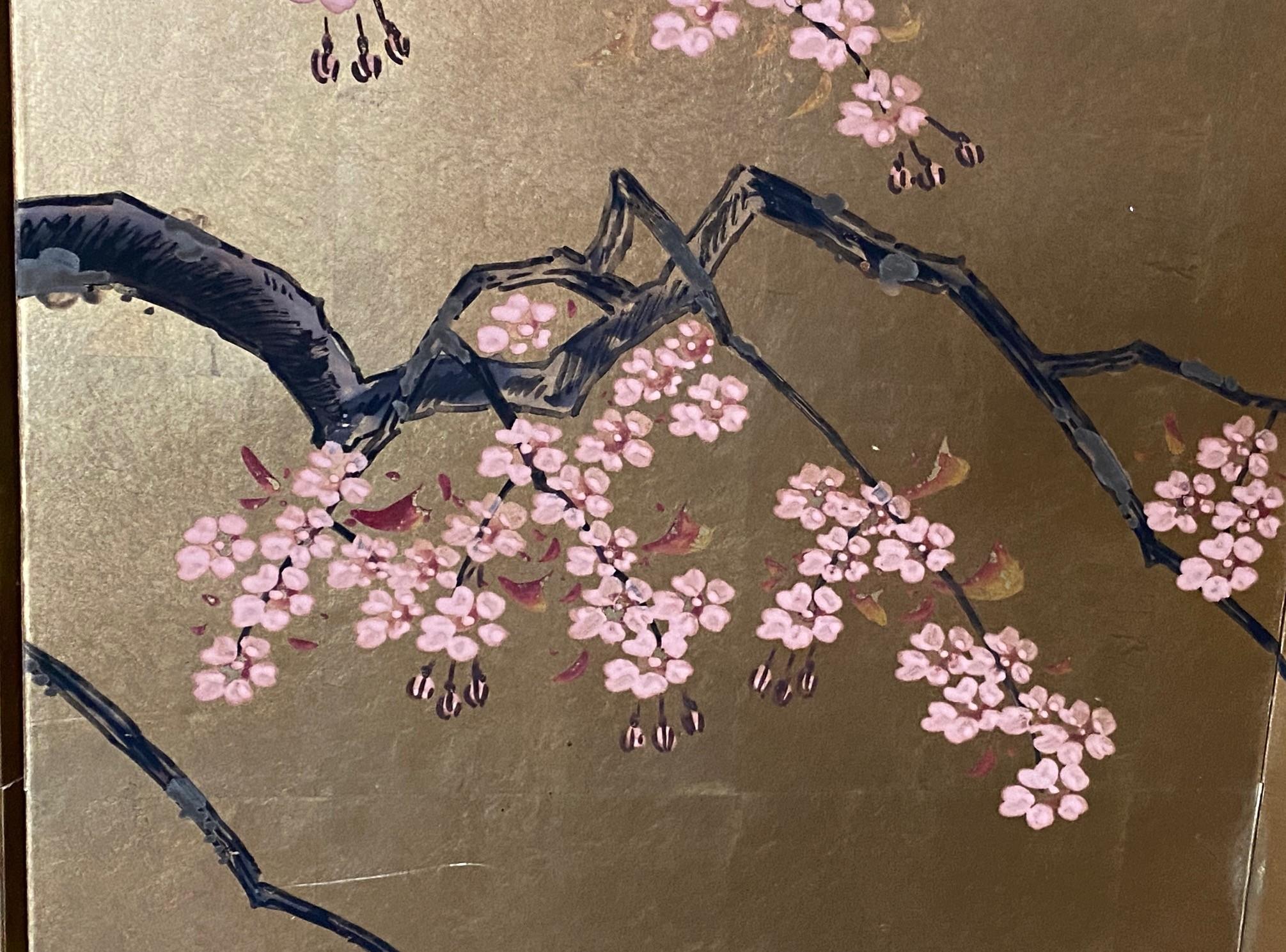Japanisch Asiatisch Signiert Vier-Panel Folding Byobu Showa Kirschblütenbaum Bildschirm im Angebot 2