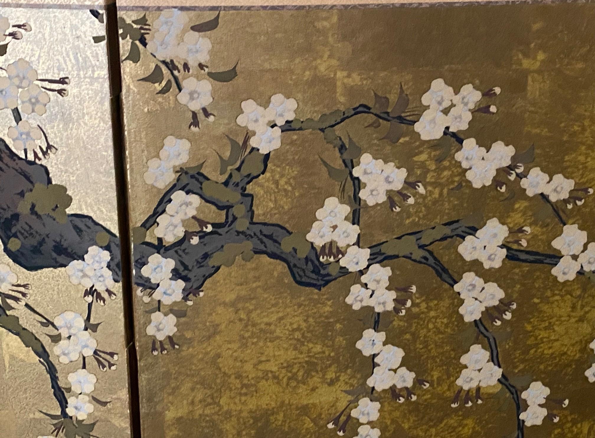 Japanese Asian Signed Four-Panel Folding Byobu Showa Cherry Blossom Tree Screen 3