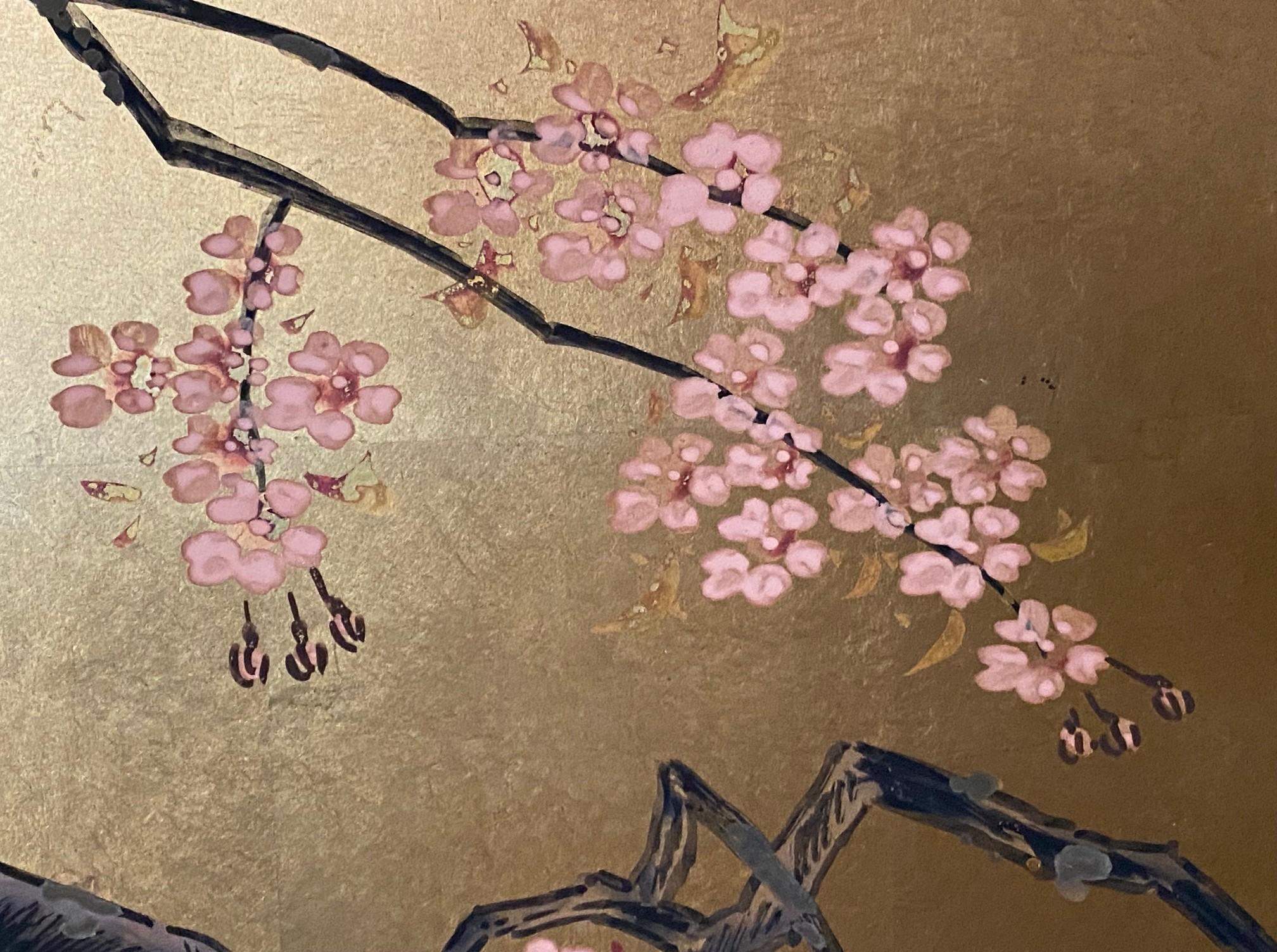 Japanisch Asiatisch Signiert Vier-Panel Folding Byobu Showa Kirschblütenbaum Bildschirm im Angebot 3