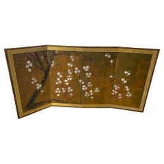 Vintage Japanese Asian Signed Four-Panel Folding Byobu Showa Cherry Blossom Tree Screen