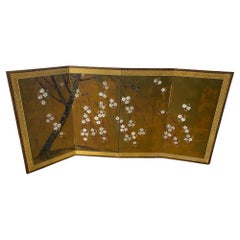 Japanese Asian Signed Four-Panel Folding Byobu Showa Cherry Blossom Tree Screen