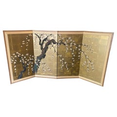 Japanese Asian Signed Four-Panel Folding Byobu Showa Cherry Blossom Tree Screen