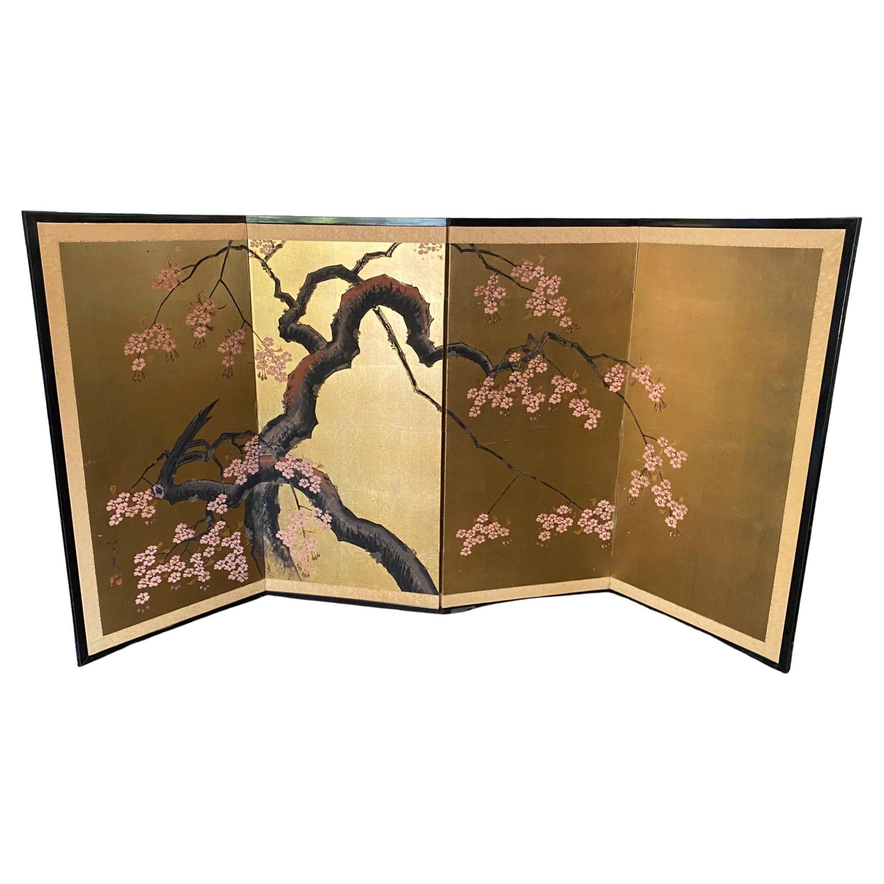 Japanisch Asiatisch Signiert Vier-Panel Folding Byobu Showa Kirschblütenbaum Bildschirm im Angebot