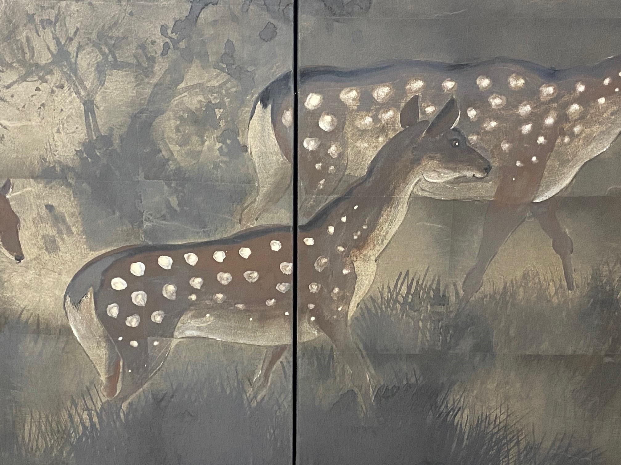 Japanese Asian Signed Four-Panel Folding Byobu Showa Deer in Misty Forest Screen For Sale 4