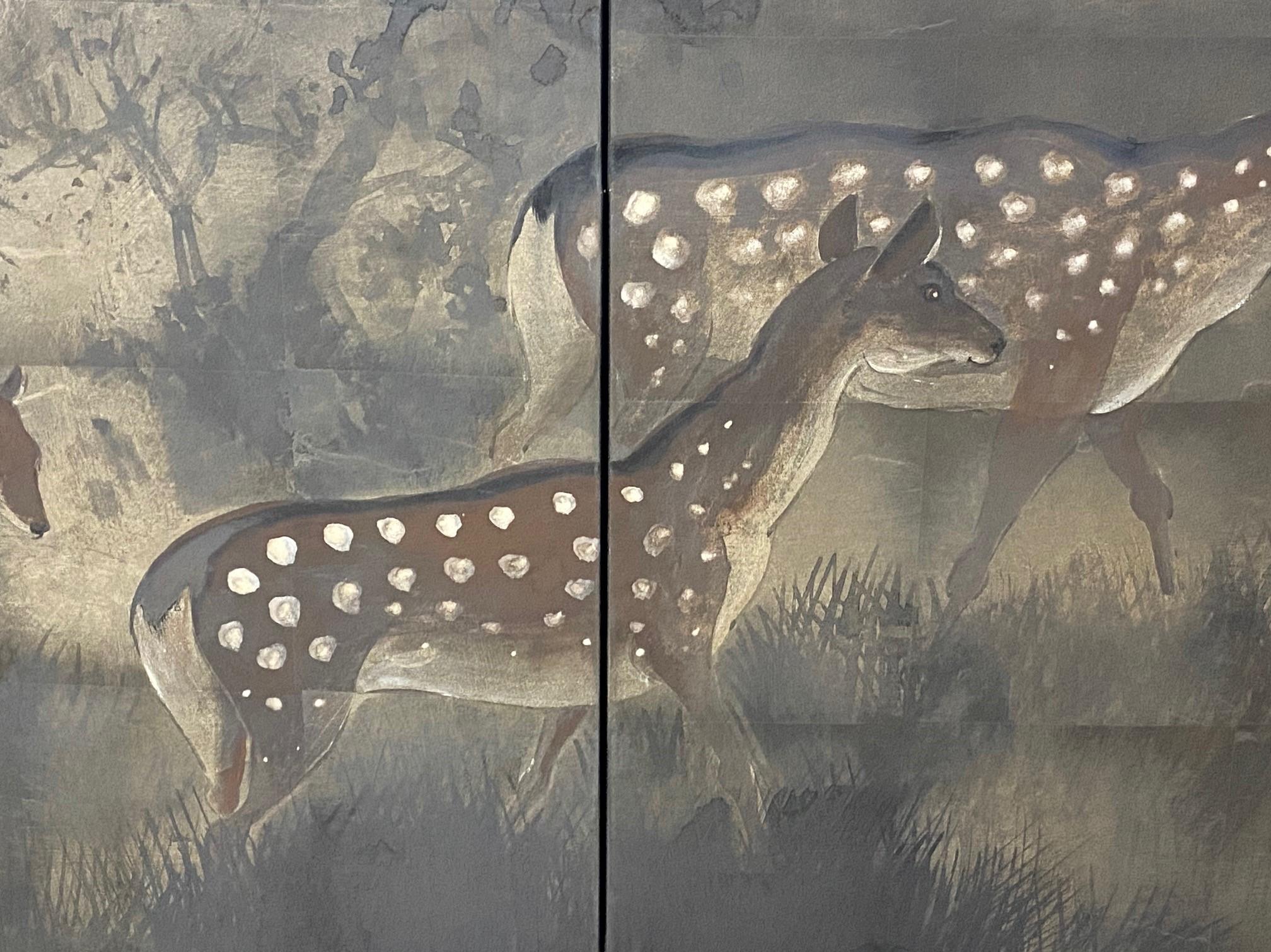 Japanese Asian Signed Four-Panel Folding Byobu Showa Deer in Misty Forest Screen 4