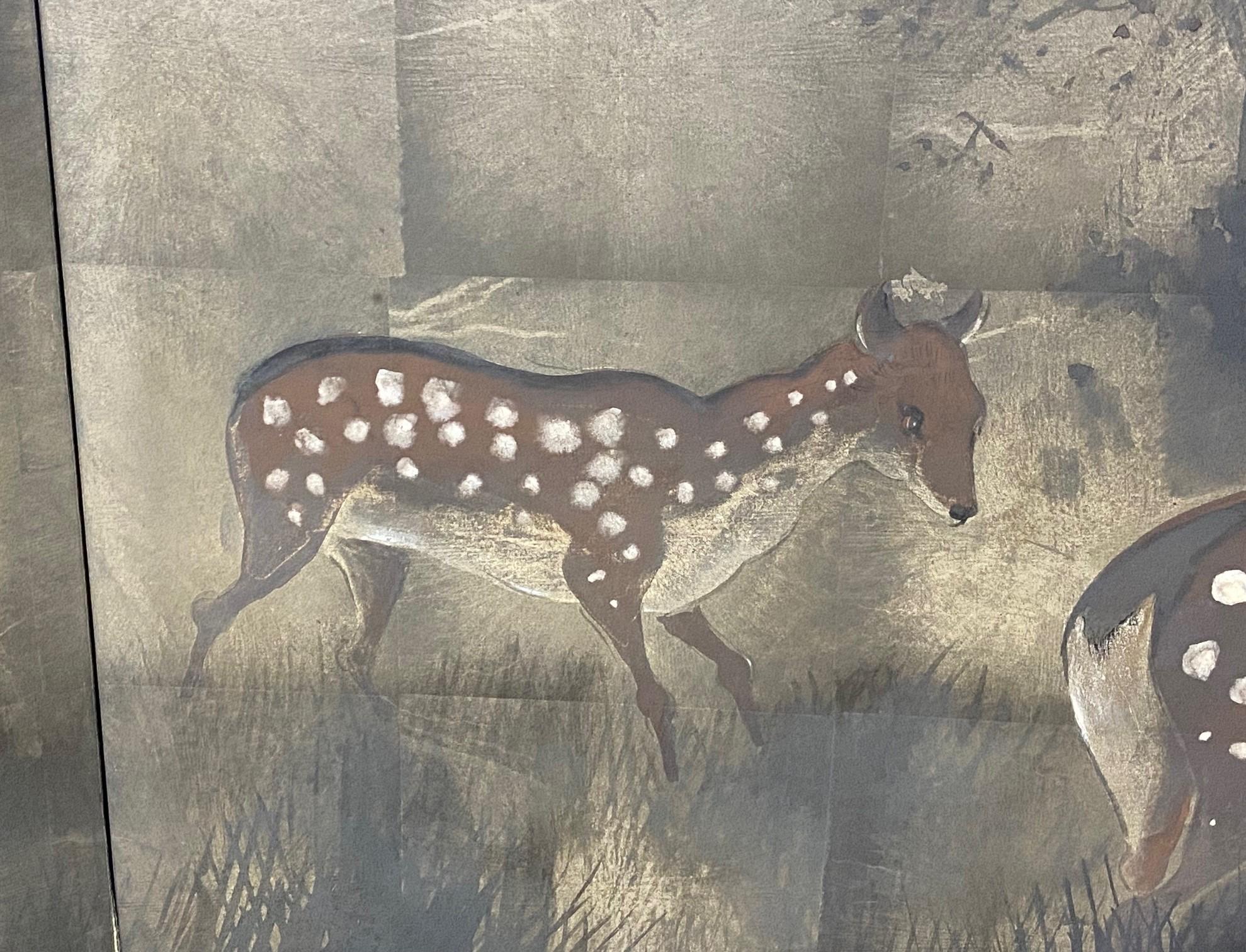 Japanese Asian Signed Four-Panel Folding Byobu Showa Deer in Misty Forest Screen 5