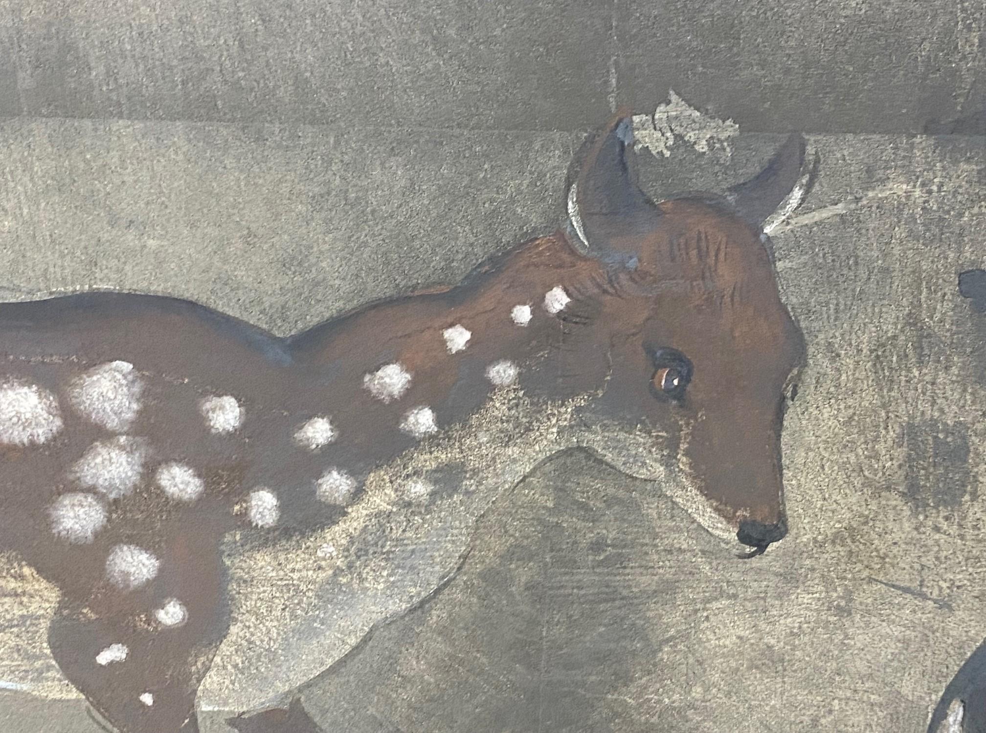 Japanese Asian Signed Four-Panel Folding Byobu Showa Deer in Misty Forest Screen 8