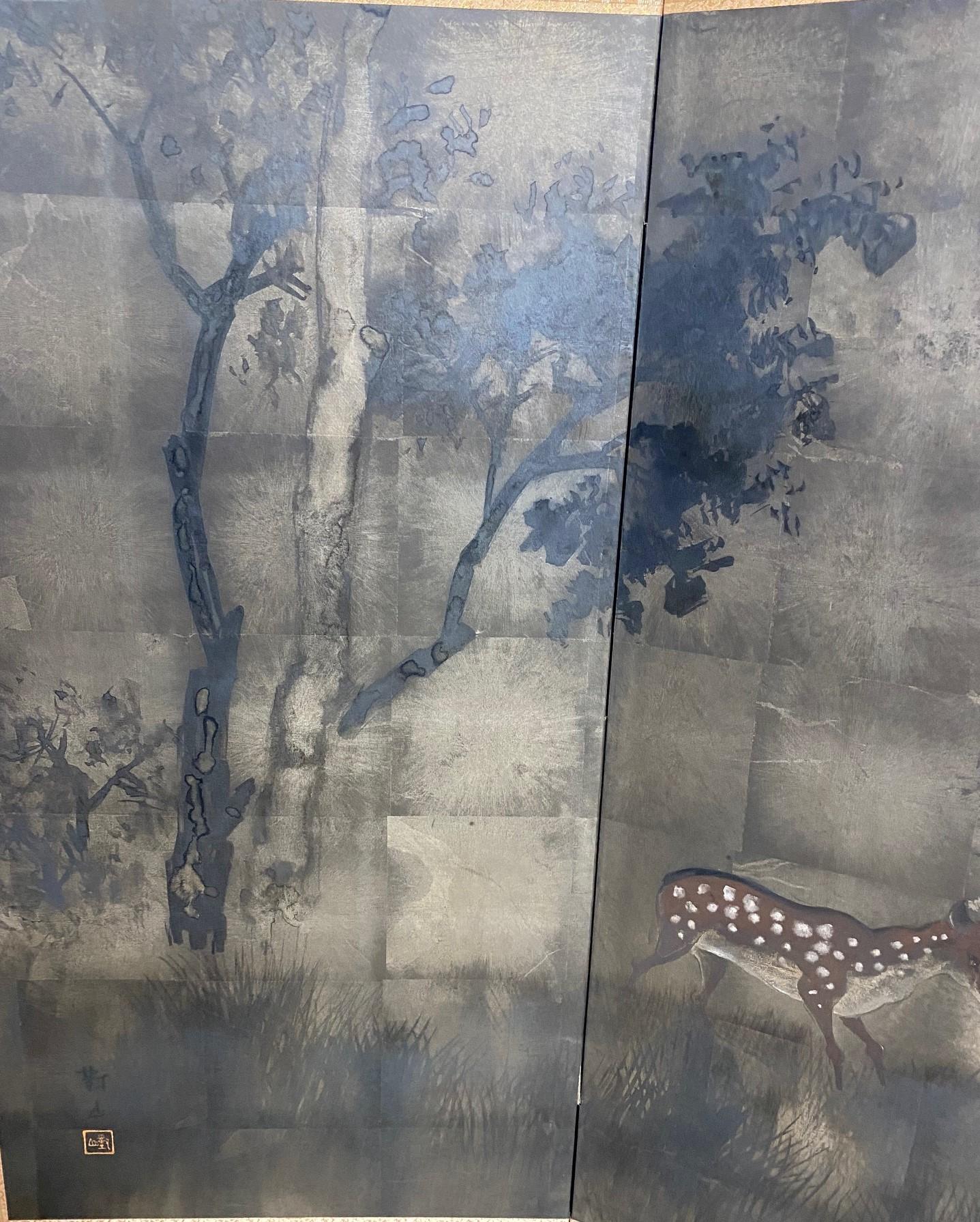 Japanese Asian Signed Four-Panel Folding Byobu Showa Deer in Misty Forest Screen 9