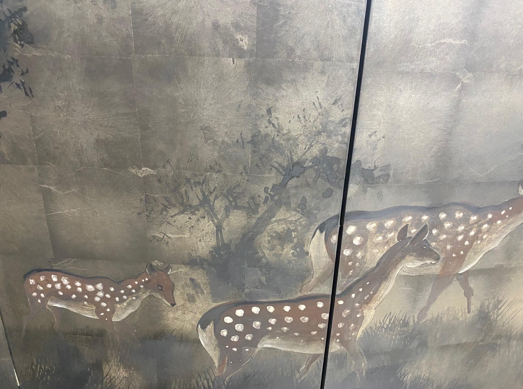 Japanese Asian Signed Four-Panel Folding Byobu Showa Deer in Misty Forest Screen 10
