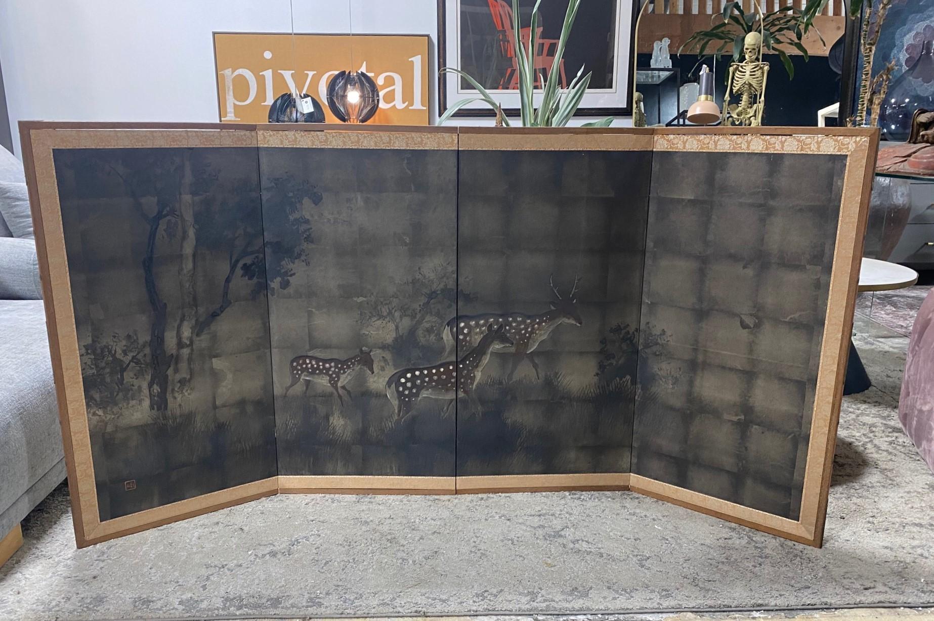 Japanese Asian Signed Four-Panel Folding Byobu Showa Deer in Misty Forest Screen 14