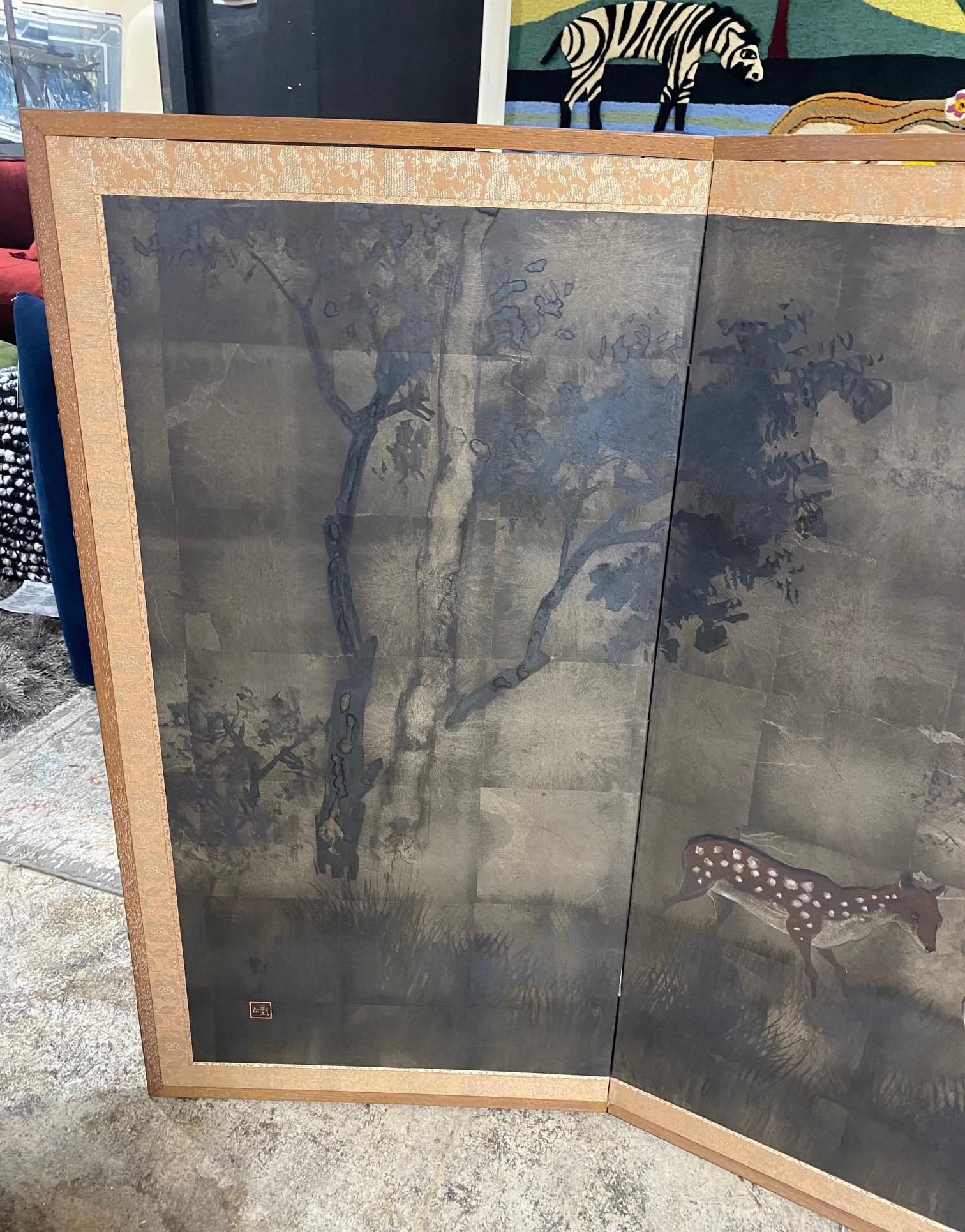 Hand-Painted Japanese Asian Signed Four-Panel Folding Byobu Showa Deer in Misty Forest Screen For Sale