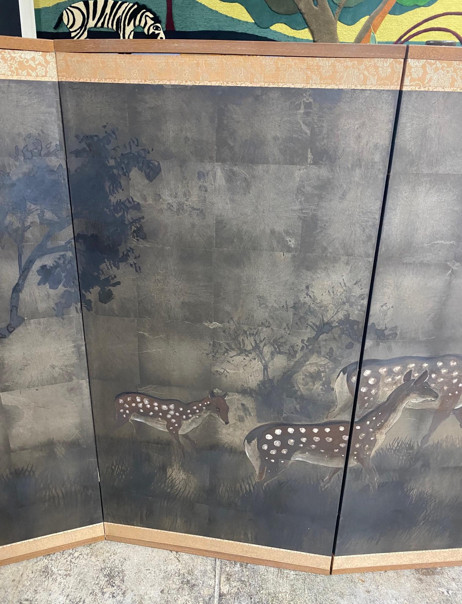 Japanese Asian Signed Four-Panel Folding Byobu Showa Deer in Misty Forest Screen In Good Condition For Sale In Studio City, CA