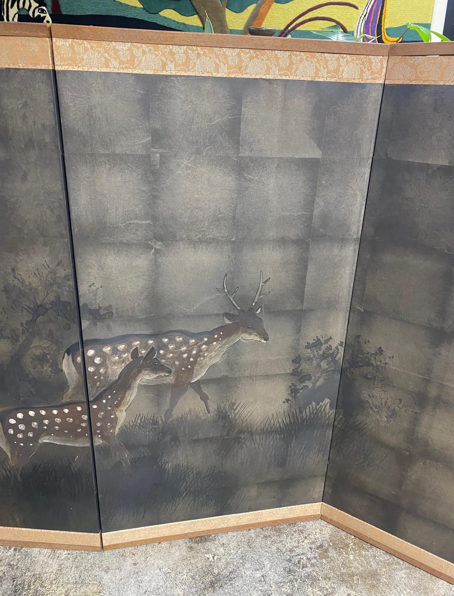 20th Century Japanese Asian Signed Four-Panel Folding Byobu Showa Deer in Misty Forest Screen For Sale