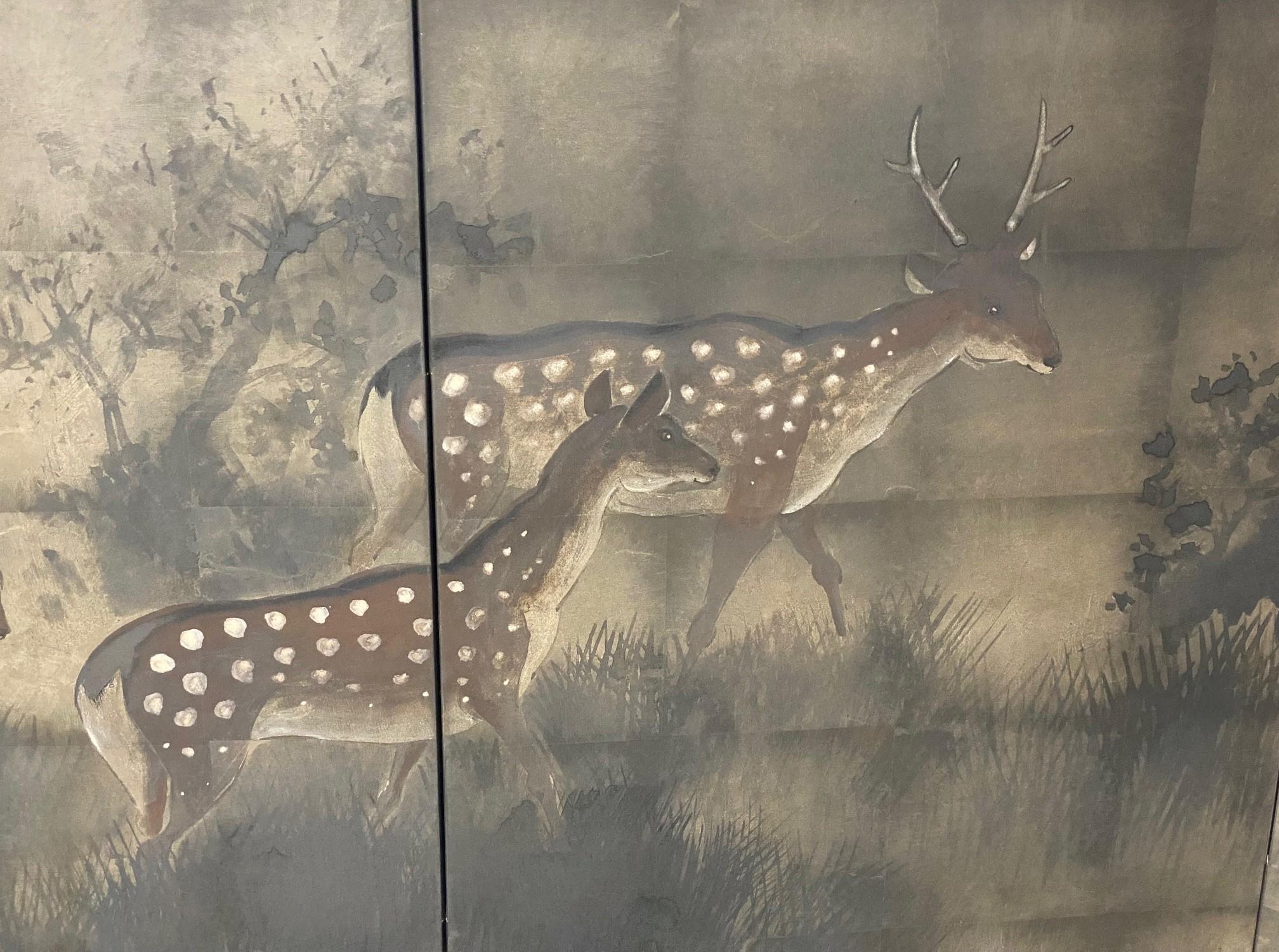 Japanese Asian Signed Four-Panel Folding Byobu Showa Deer in Misty Forest Screen For Sale 1