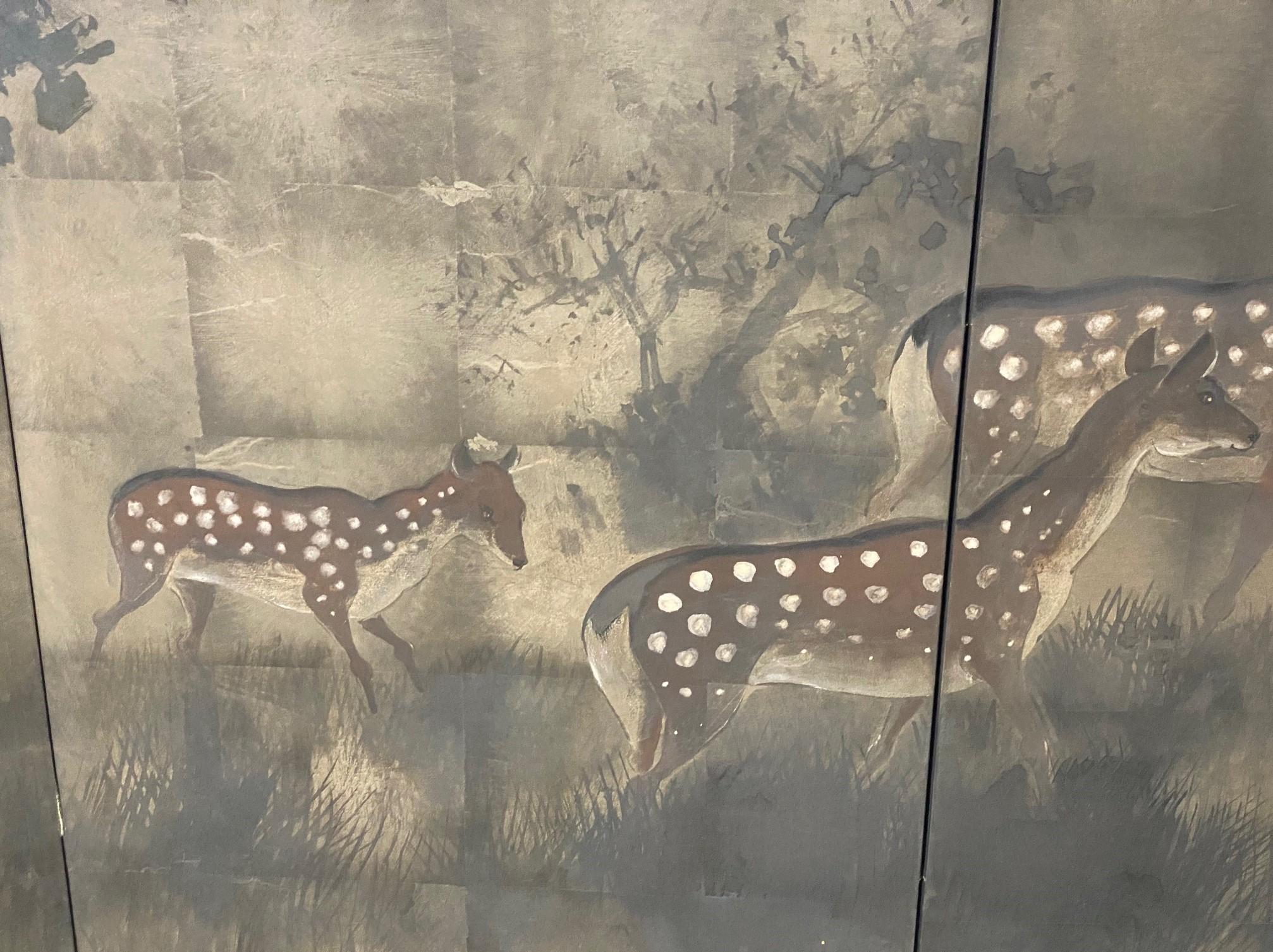 Japanese Asian Signed Four-Panel Folding Byobu Showa Deer in Misty Forest Screen 2