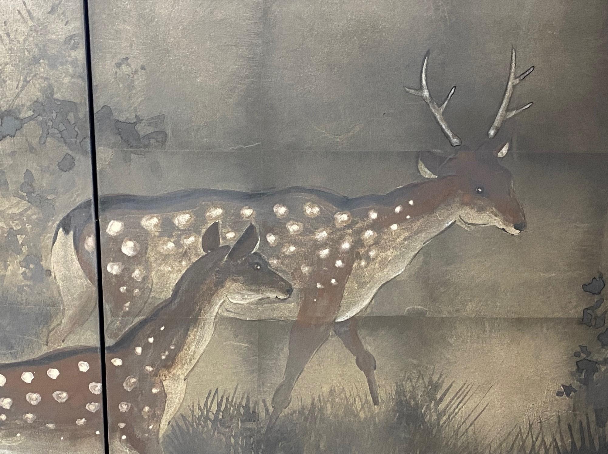 Japanese Asian Signed Four-Panel Folding Byobu Showa Deer in Misty Forest Screen 3