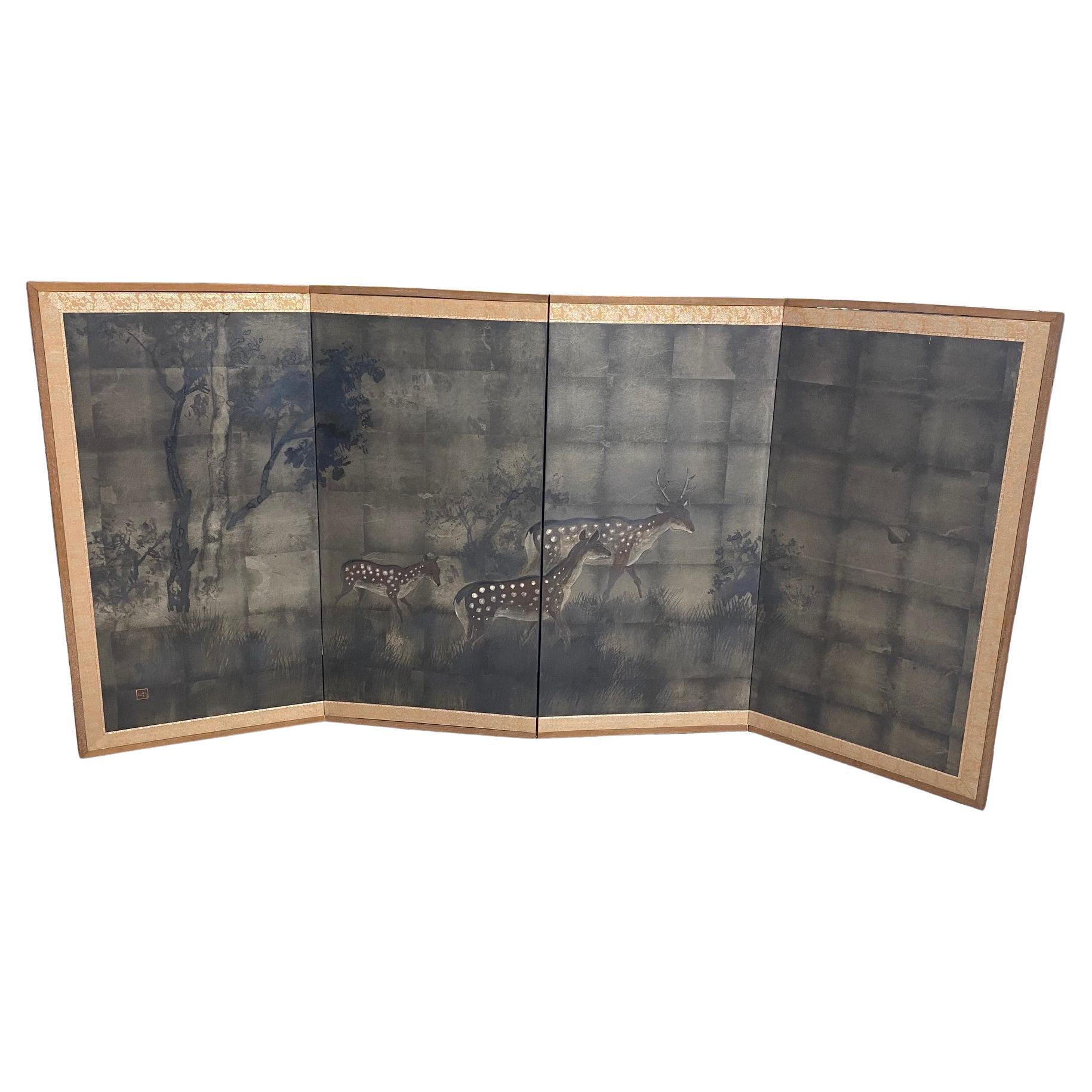 Japanese Asian Signed Four-Panel Folding Byobu Showa Deer in Misty Forest Screen For Sale