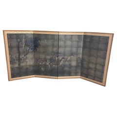 Used Japanese Asian Signed Four-Panel Folding Byobu Showa Deer in Misty Forest Screen