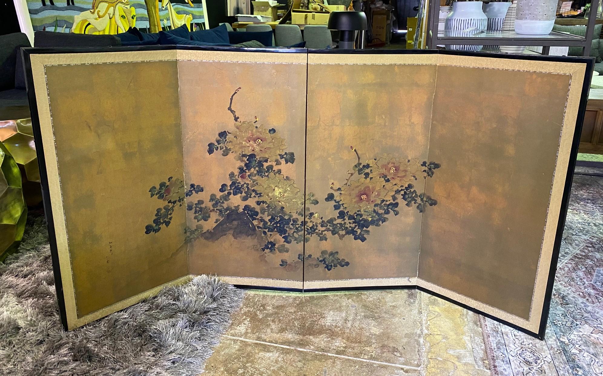 Japanese Asian Signed Four-Panel Folding Byobu Showa Floral Landscape Screen 10