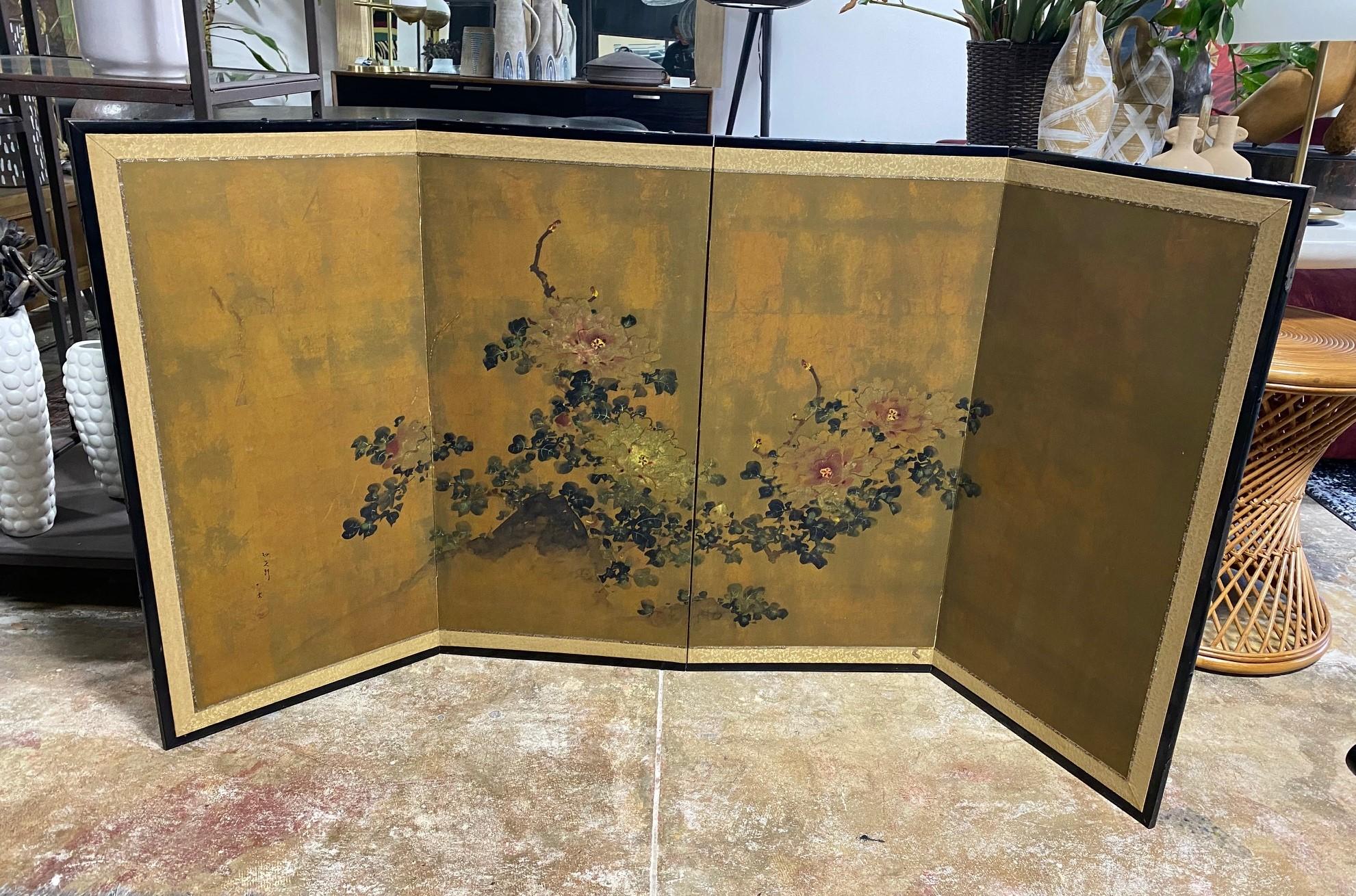 Japanese Asian Signed Four-Panel Folding Byobu Showa Floral Landscape Screen 11