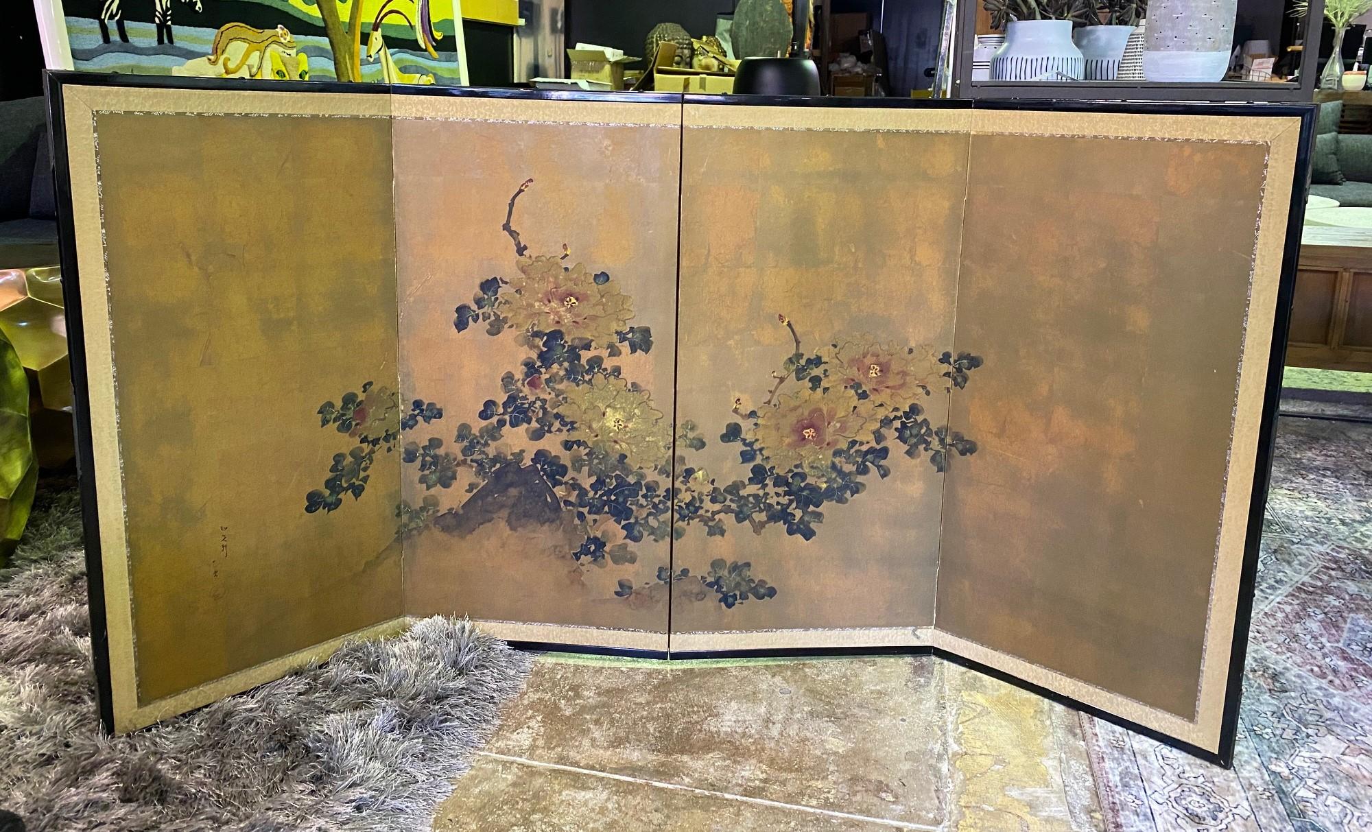 A gorgeous four-panel Japanese Byobu folding screen depicting a nature scene/ floral landscape. The dark, rich colors, gold leaf, and beautiful hand-painted detail of blooming flowers make this an attractive and special work.

Signed and sealed by