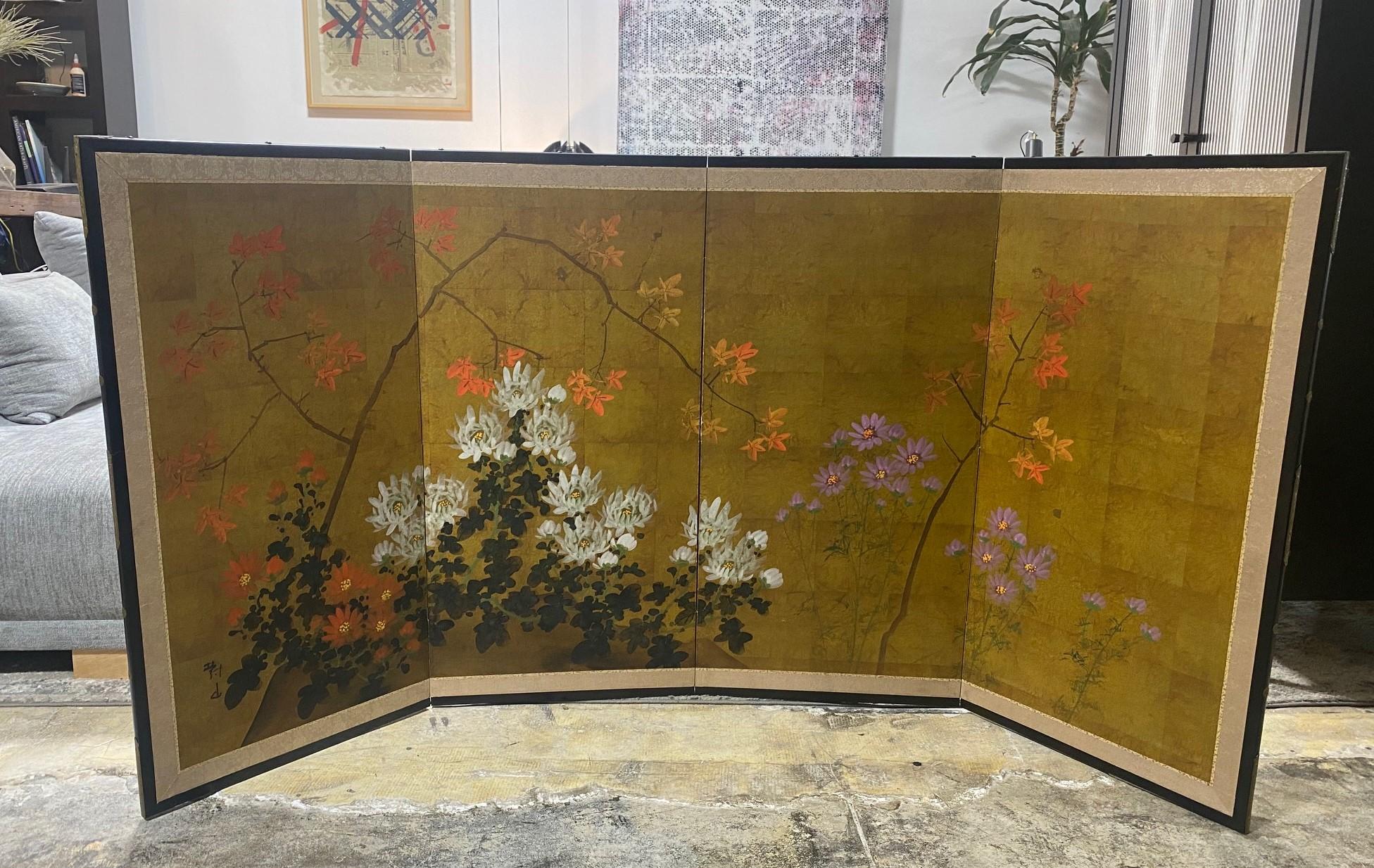 Japanese Asian Signed FourPanel Folding Byobu Showa Floral Landscape