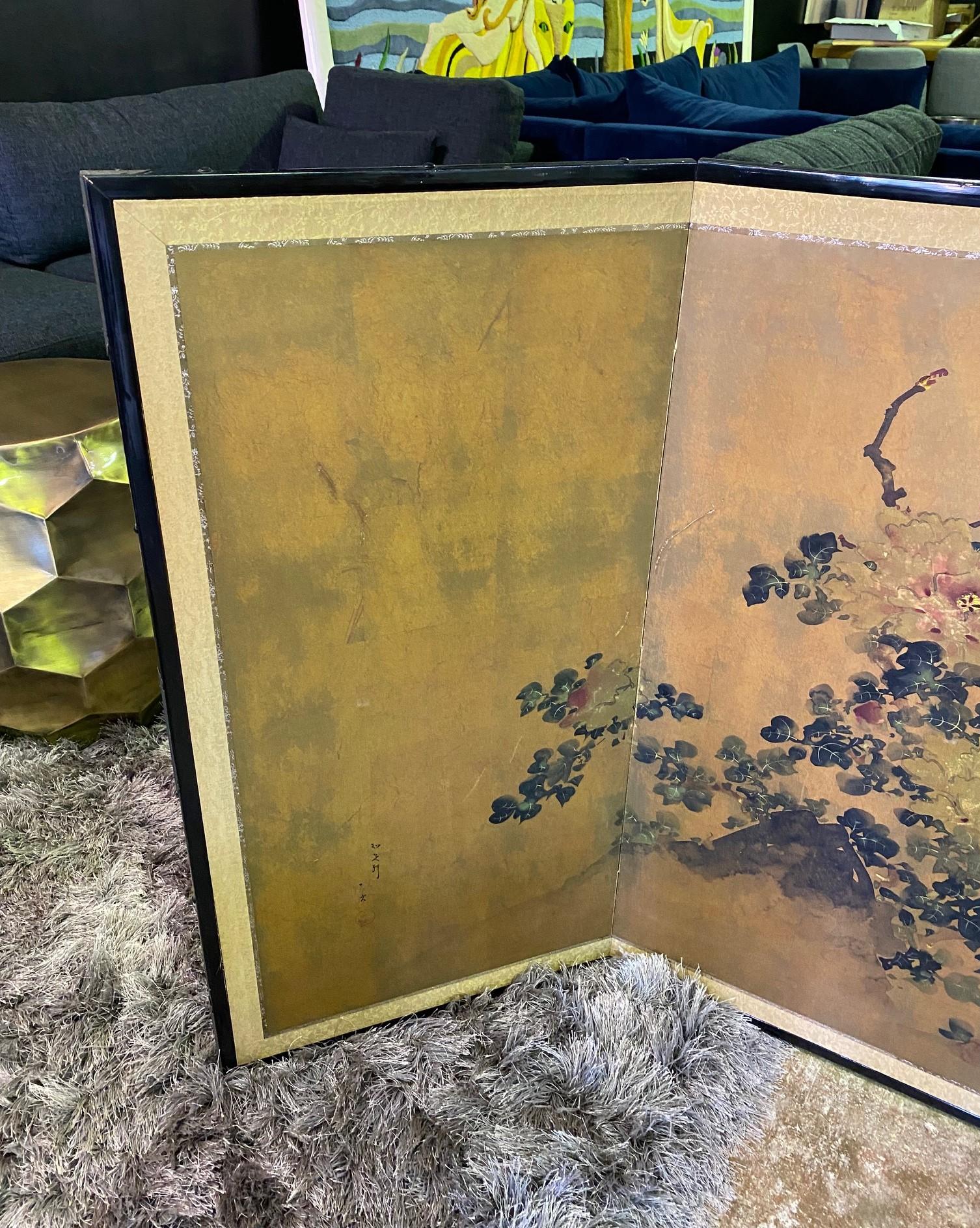 Hand-Painted Japanese Asian Signed Four-Panel Folding Byobu Showa Floral Landscape Screen