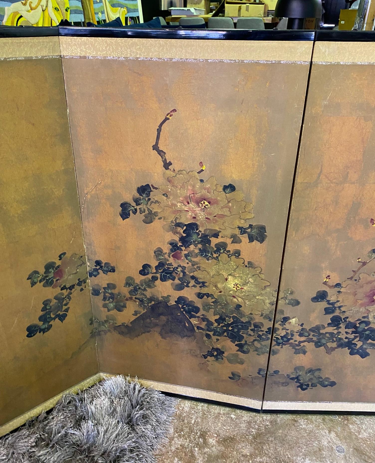 Japanese Asian Signed Four-Panel Folding Byobu Showa Floral Landscape Screen In Good Condition In Studio City, CA