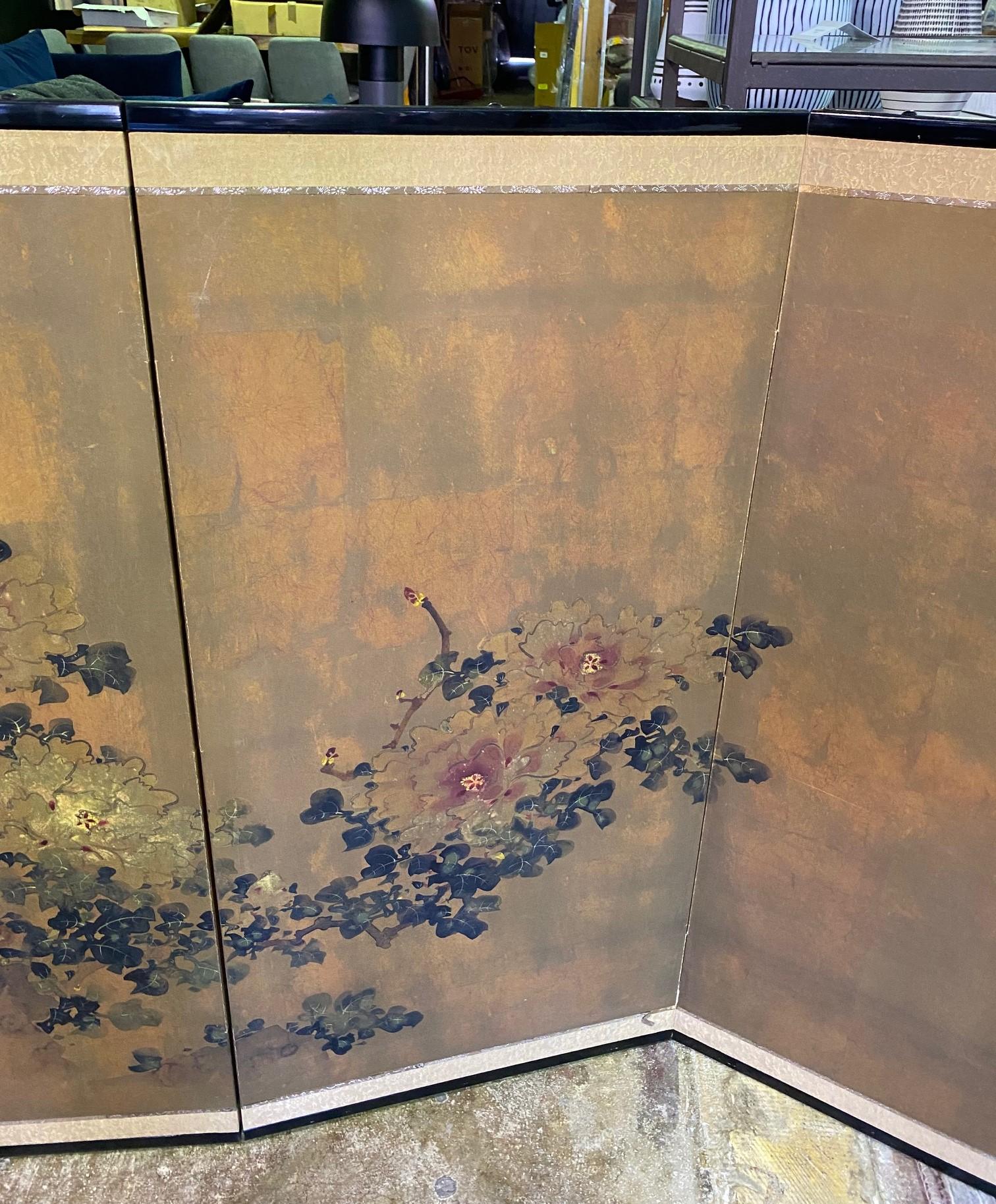20th Century Japanese Asian Signed Four-Panel Folding Byobu Showa Floral Landscape Screen