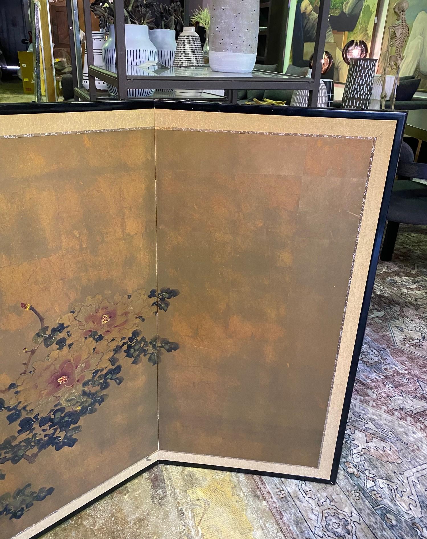 Gold Leaf Japanese Asian Signed Four-Panel Folding Byobu Showa Floral Landscape Screen