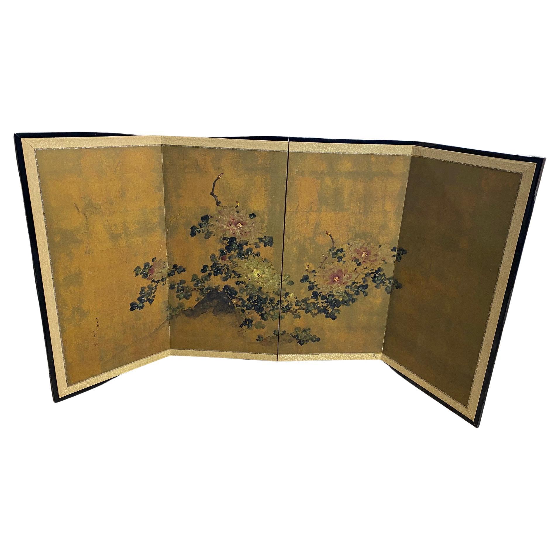 Japanese Asian Signed Four-Panel Folding Byobu Showa Floral Landscape Screen