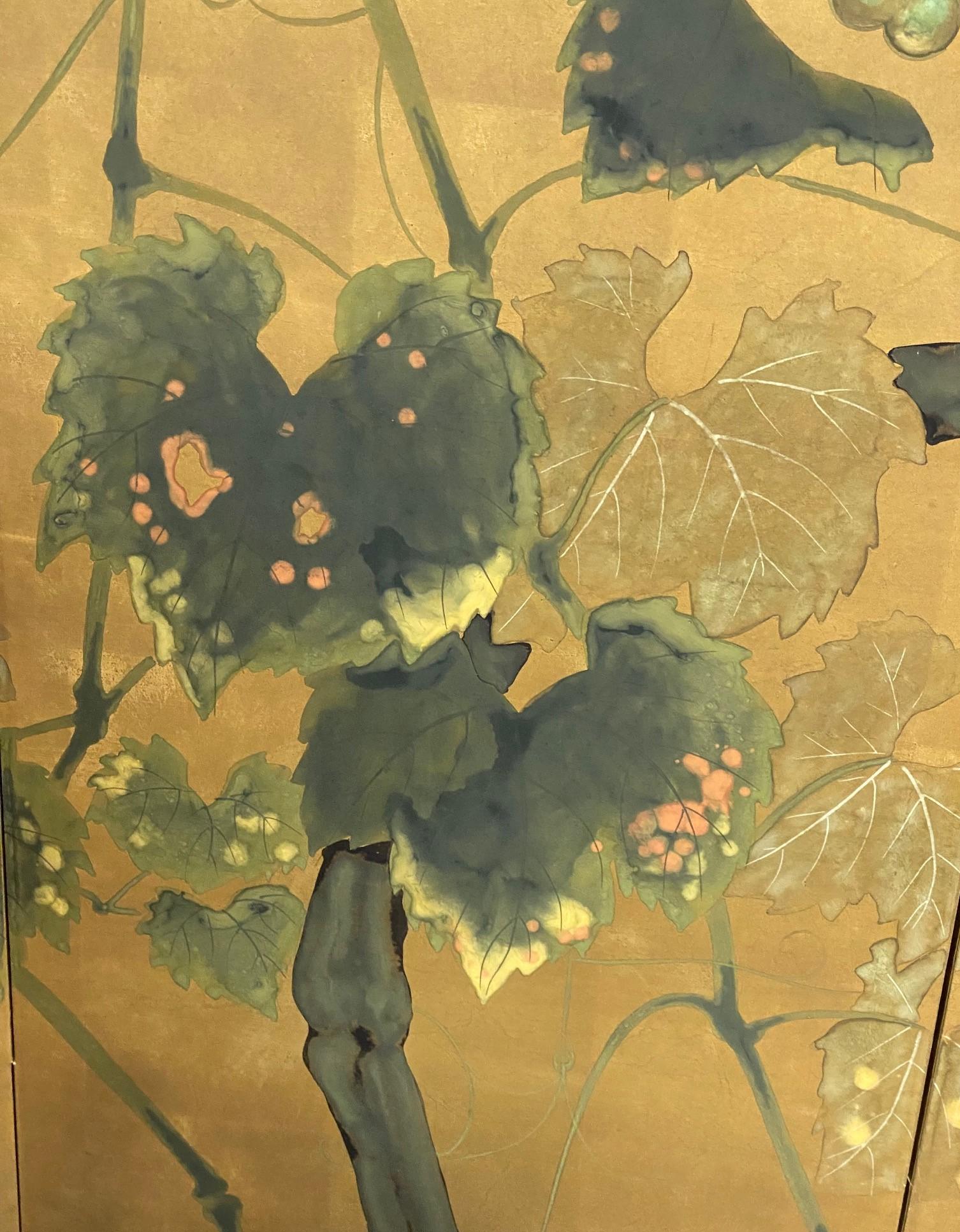 Japanese Asian Signed Four-Panel Folding Byobu Showa Lotus Tree Nature Screen For Sale 2