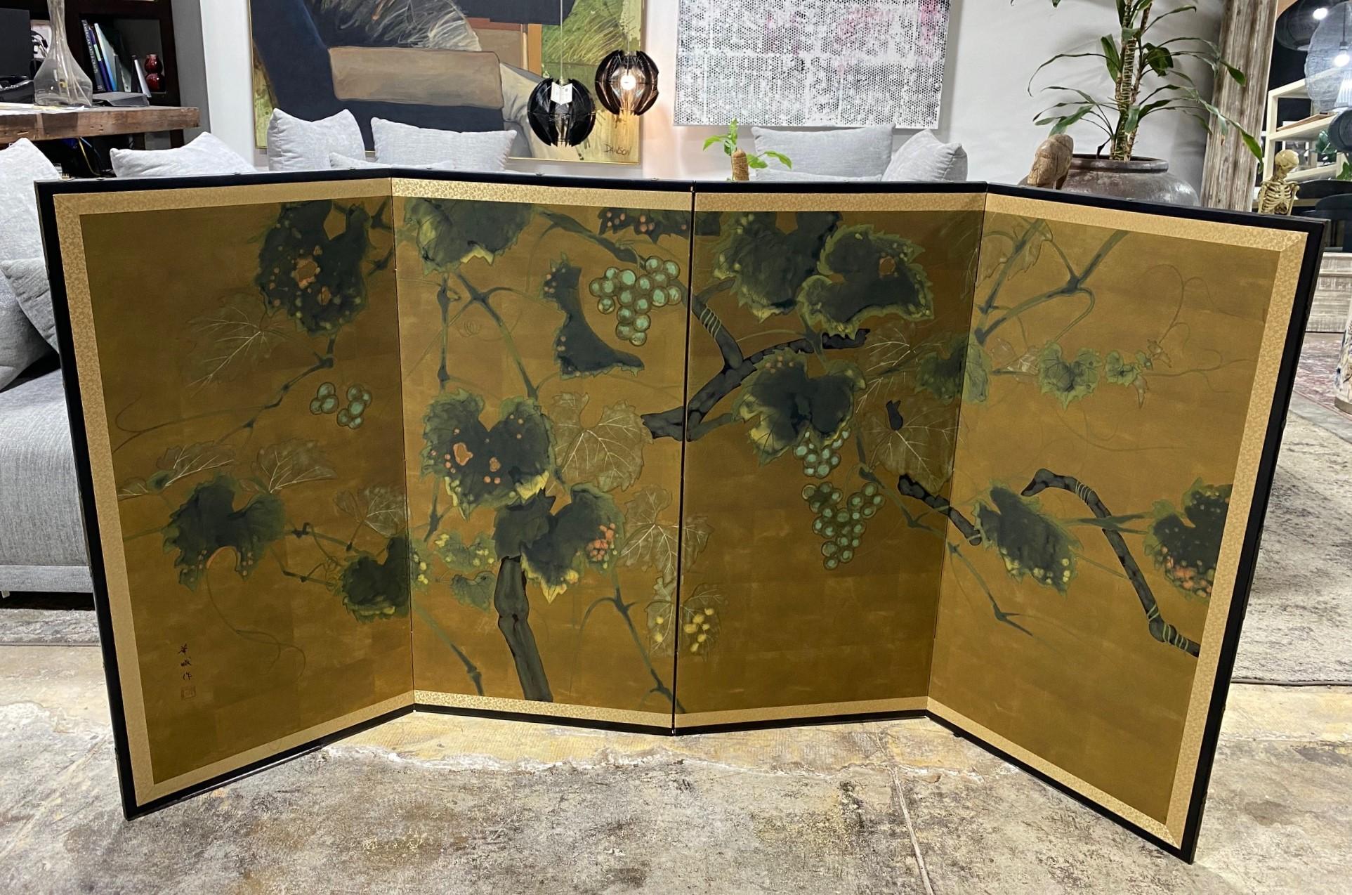 Japanese Asian Signed Four-Panel Folding Byobu Showa Lotus Tree Nature Screen For Sale 7