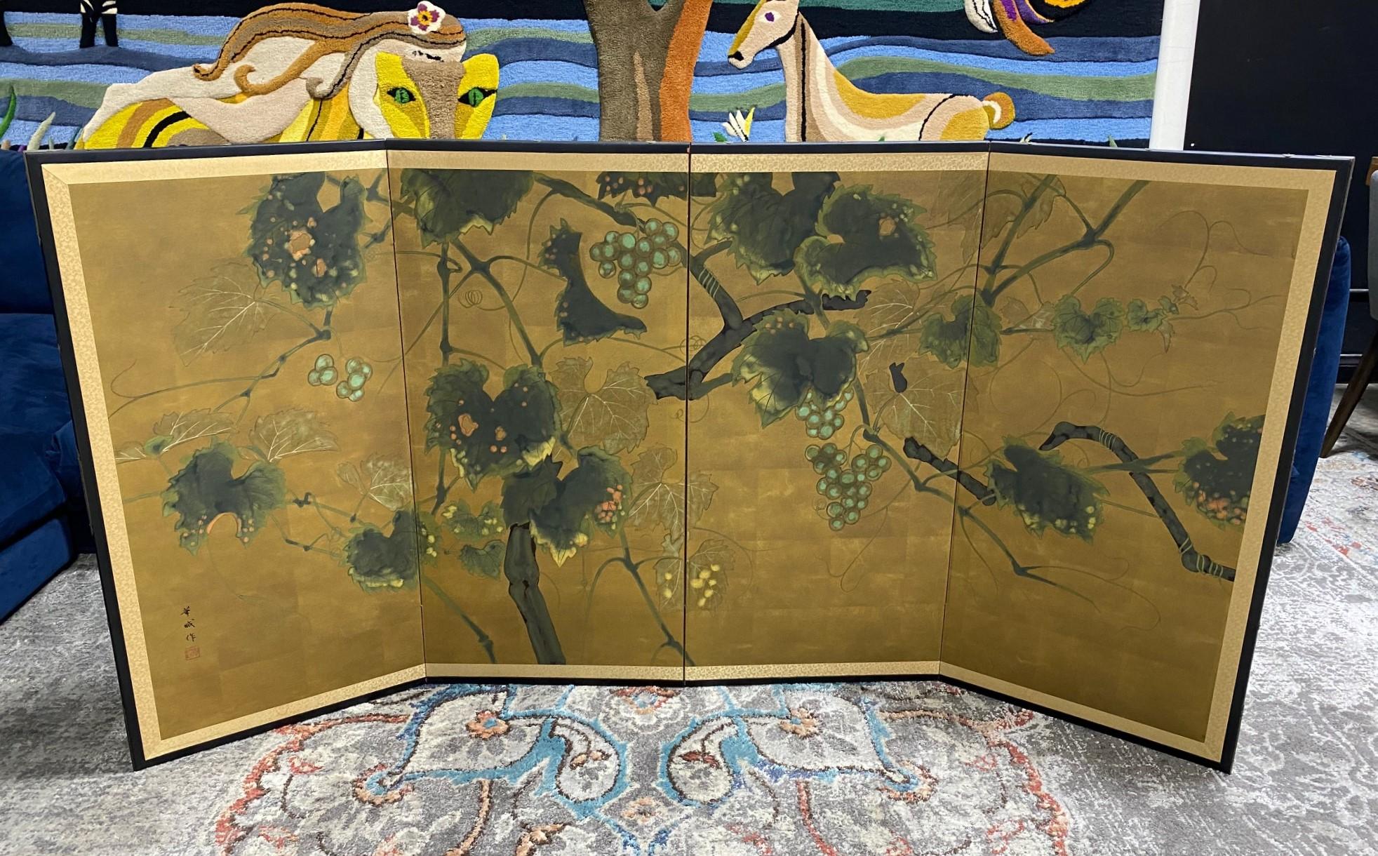 Japanese Asian Signed Four-Panel Folding Byobu Showa Lotus Tree Nature Screen For Sale 9