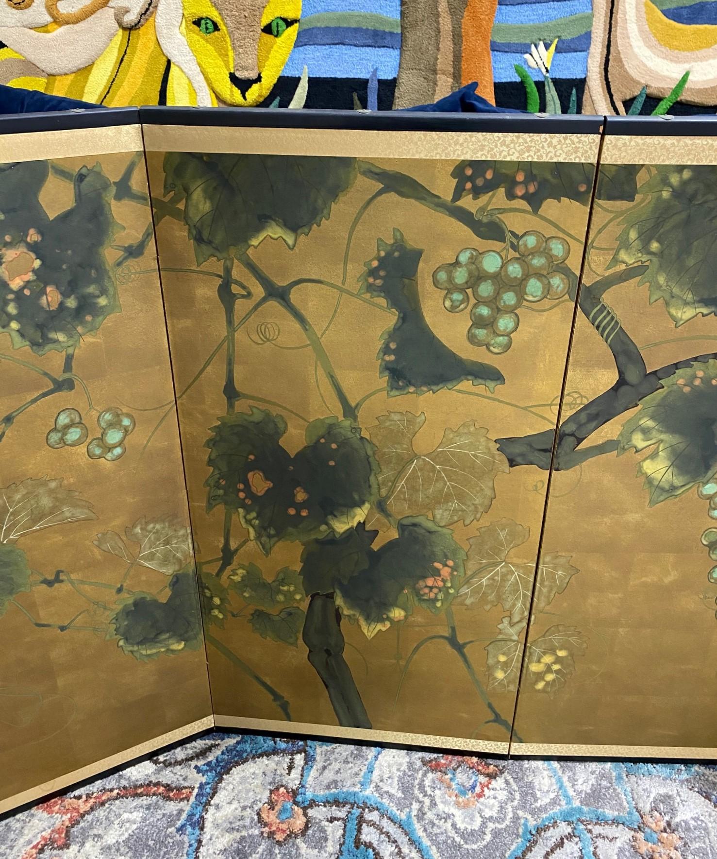 Feuille d'or Paravent asiatique japonais signé à quatre panneaux Byobu Showa Lotus Tree Nature en vente