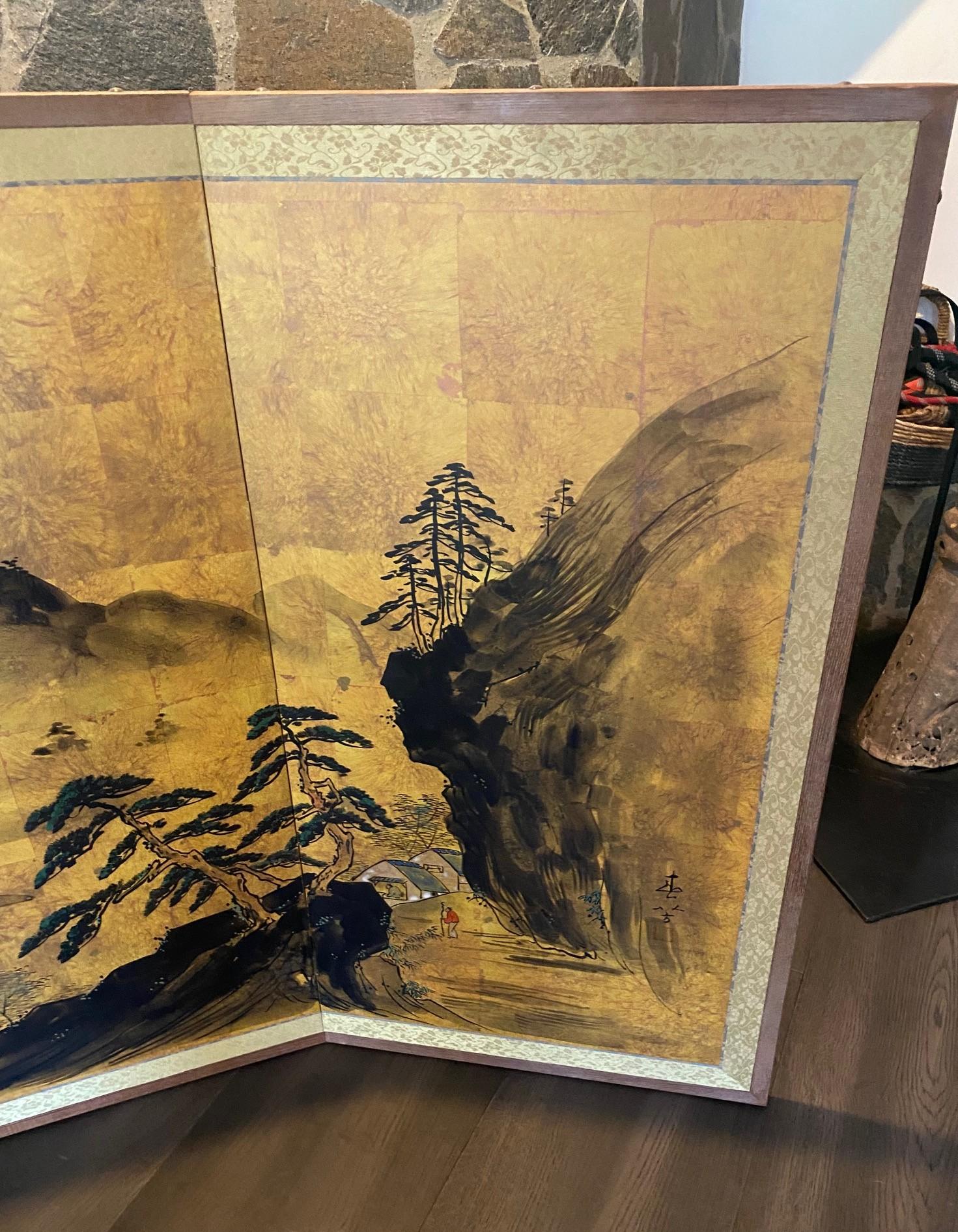 Hand-Crafted Japanese Asian Signed Four-Panel Folding Byobu Showa Mountain Landscape Screen For Sale