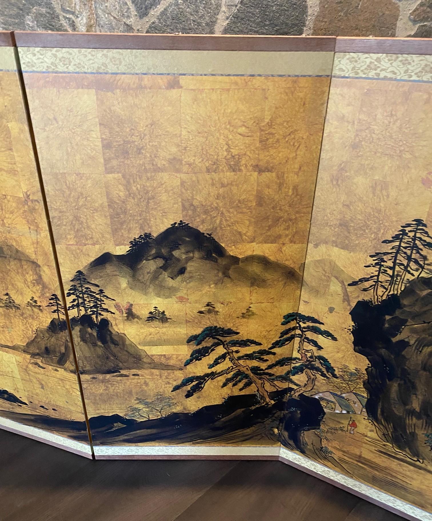 Japanese Asian Signed Four-Panel Folding Byobu Showa Mountain Landscape Screen In Good Condition For Sale In Studio City, CA