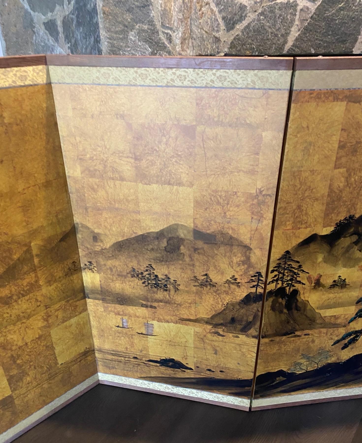 20th Century Japanese Asian Signed Four-Panel Folding Byobu Showa Mountain Landscape Screen For Sale