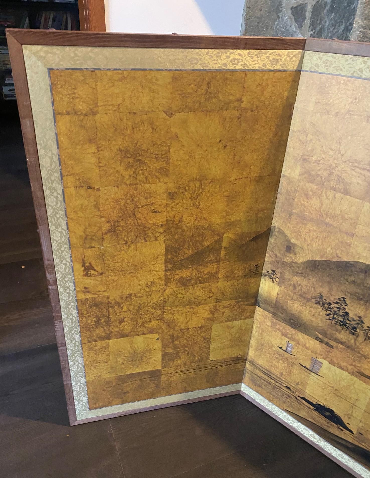 Gold Leaf Japanese Asian Signed Four-Panel Folding Byobu Showa Mountain Landscape Screen For Sale