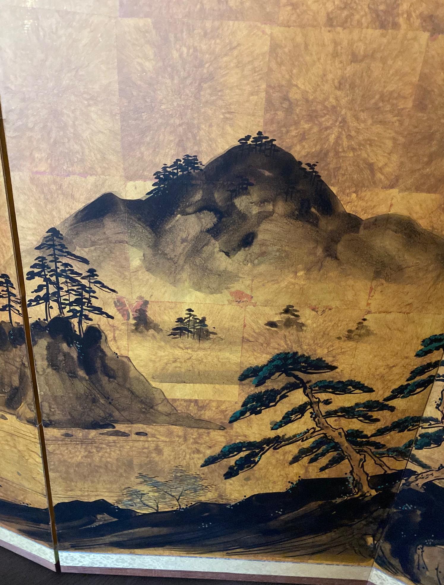 Japanese Asian Signed Four-Panel Folding Byobu Showa Mountain Landscape Screen For Sale 2