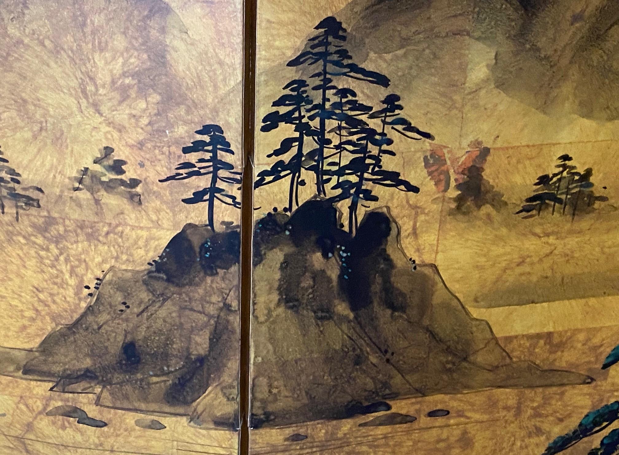 Japanese Asian Signed Four-Panel Folding Byobu Showa Mountain Landscape Screen For Sale 3