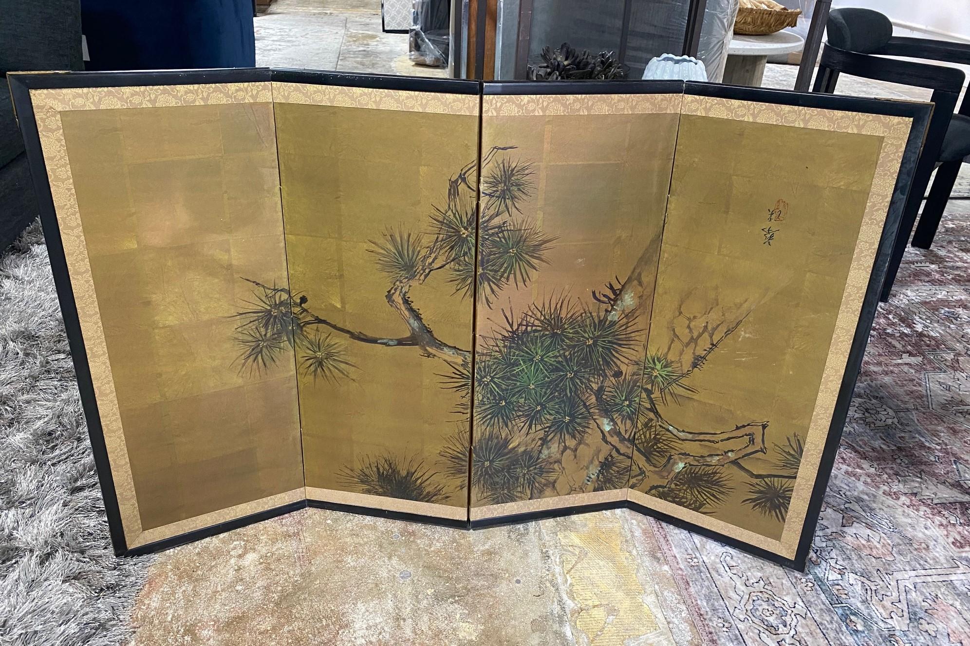 Japanese Asian Signed Four-Panel Folding Byobu Showa Nature Pine Tree Screen 8