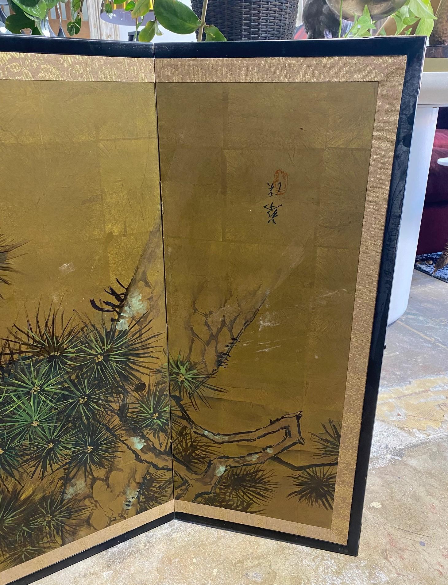 Hand-Painted Japanese Asian Signed Four-Panel Folding Byobu Showa Nature Pine Tree Screen