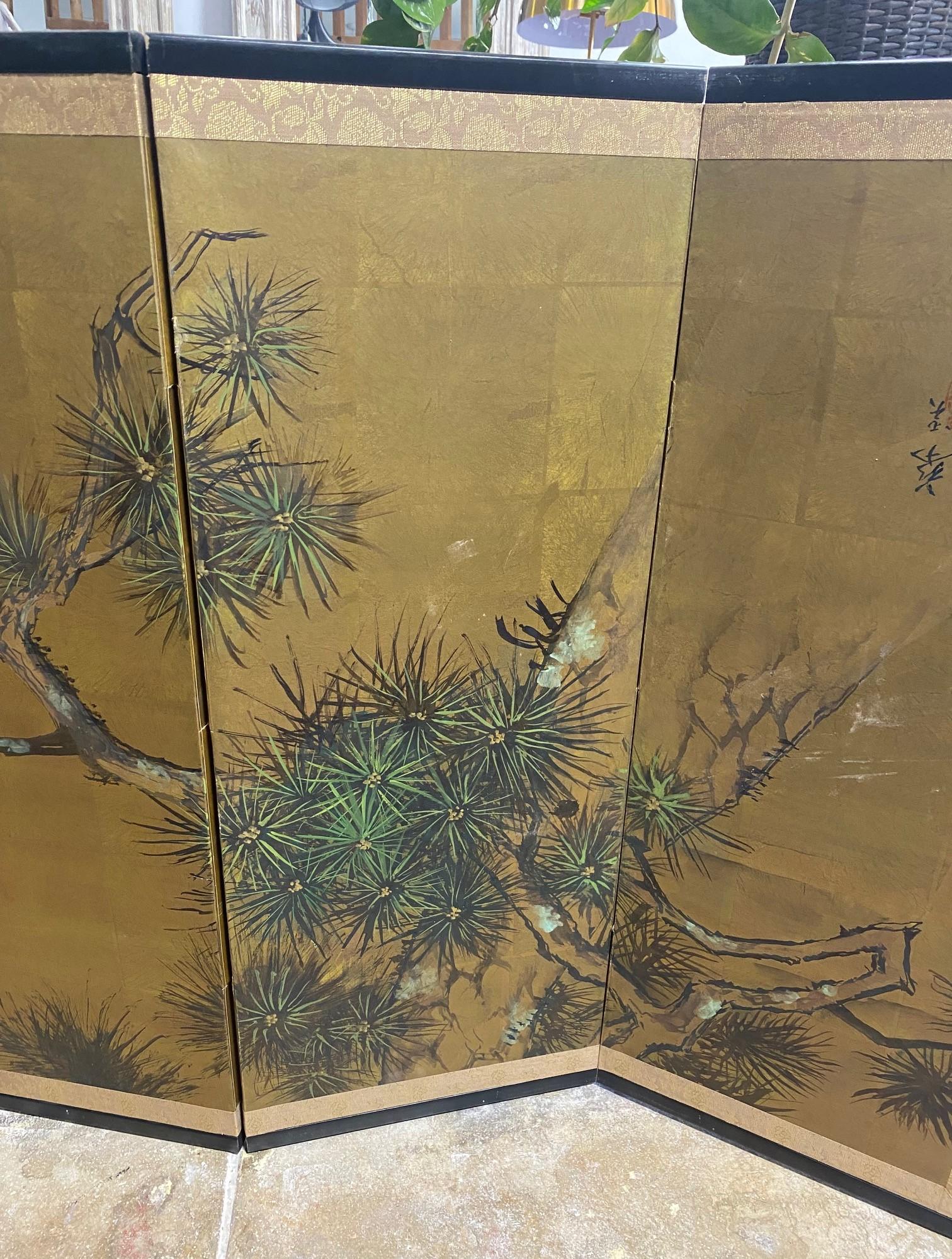 Japanese Asian Signed Four-Panel Folding Byobu Showa Nature Pine Tree Screen In Good Condition In Studio City, CA